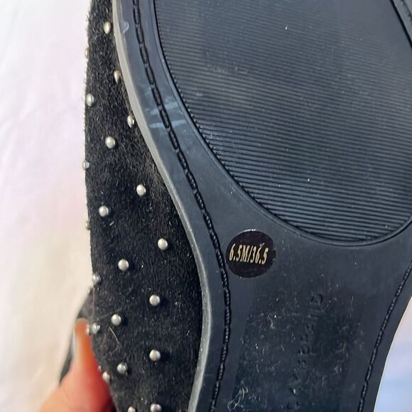 Black Suede Leather Lucky Brand Women’s metal Studded Open Toe Booties sz 6.5 - Picture 8 of 8